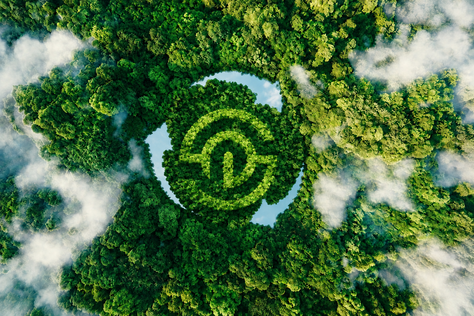 KI-Visualisierung: Wald von oben, in dessen Mitte die Bäume ein Power-Symbol bilden
