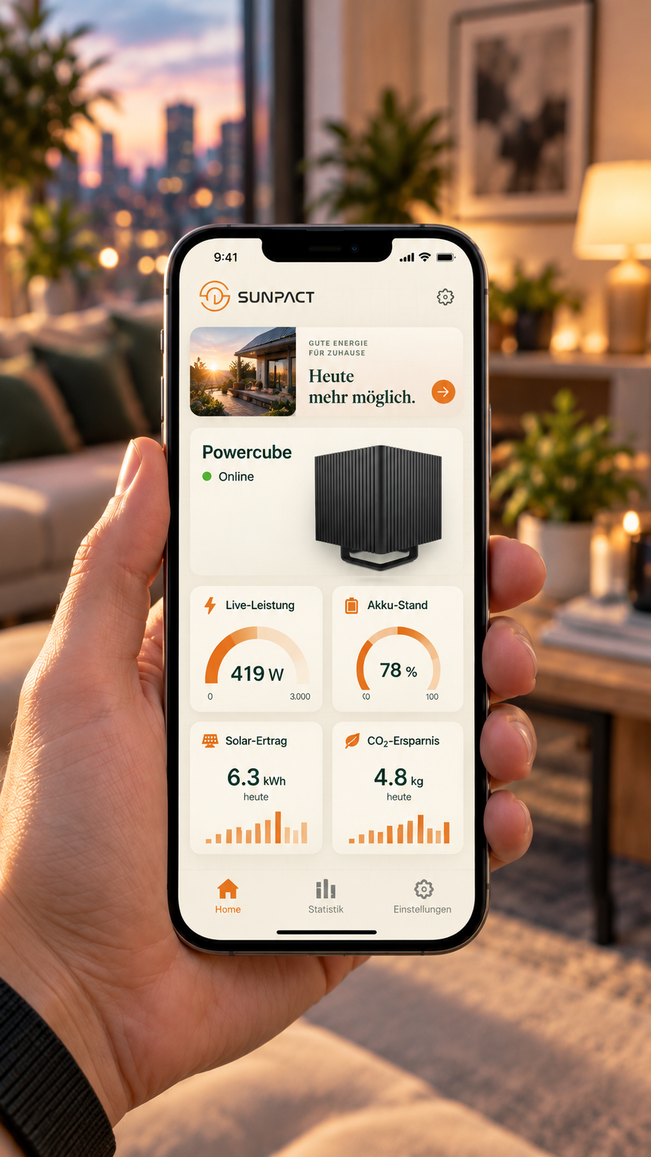 Visualisierung: SunPact App auf einem Smartphone mit der Ansicht eines Powercubes