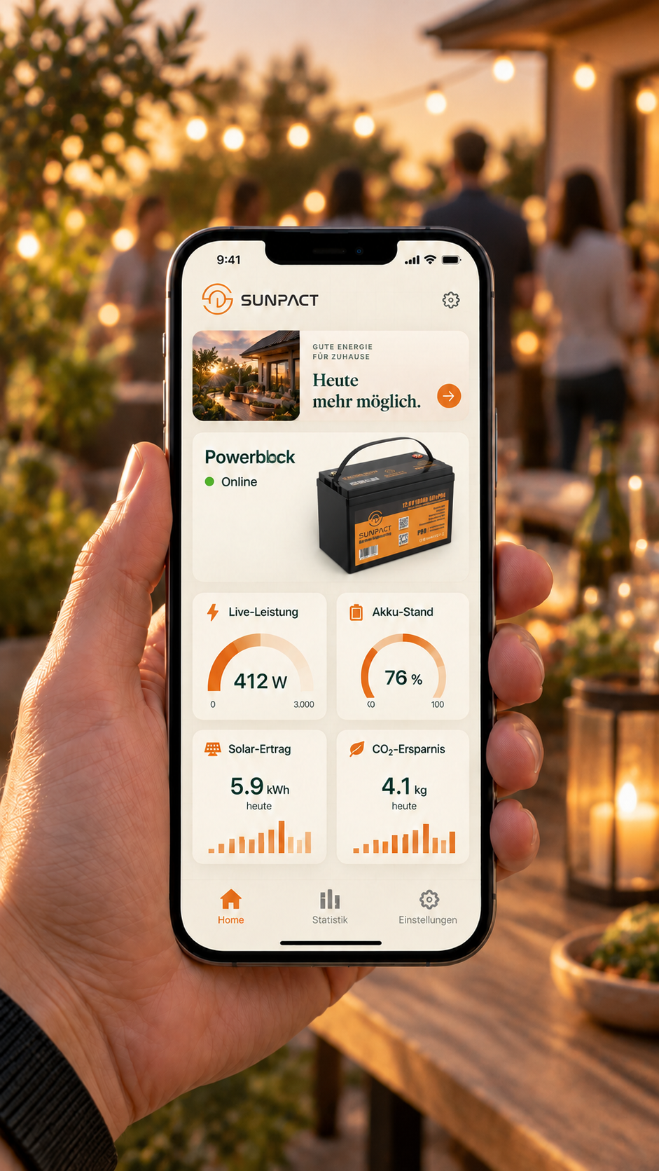 Visualisierung: SunPact App auf einem Smartphone mit der Ansicht eines Powerblocks